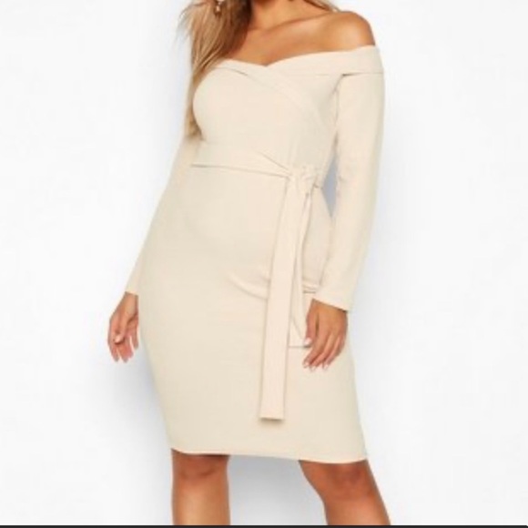 Boohoo | Dresses | Boohoo Plus Bardot Wrap Tie Belt Midi Dress Stone ...